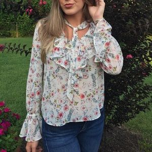 Floral Pattern Bell Sleeve Blouse with Self Tie Neck Detail NWT Workwear Office